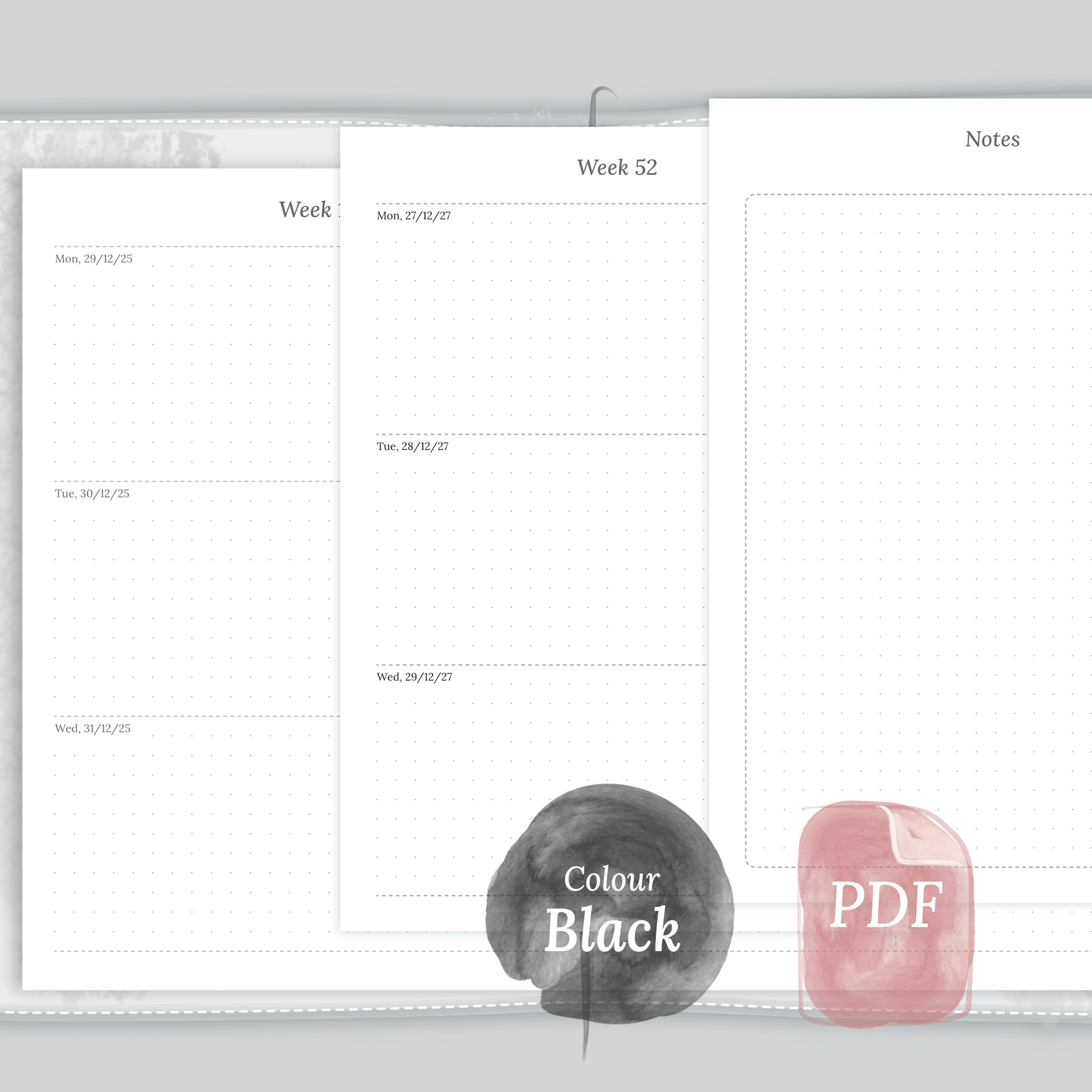 Examples featuring the PDF printable planner inserts module of W2P week on 2 pages for 2026 and 2027 in the colour Black & White.
