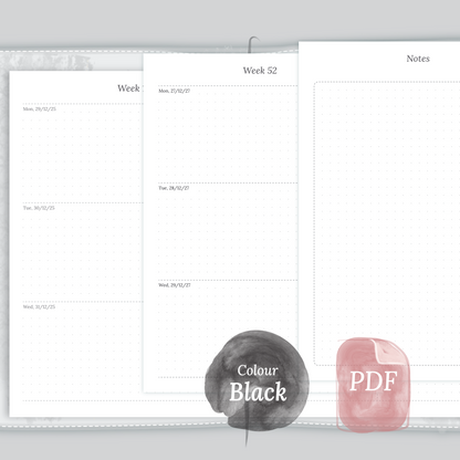 Examples featuring the PDF printable planner inserts module of W2P week on 2 pages for 2026 and 2027 in the colour Black & White.