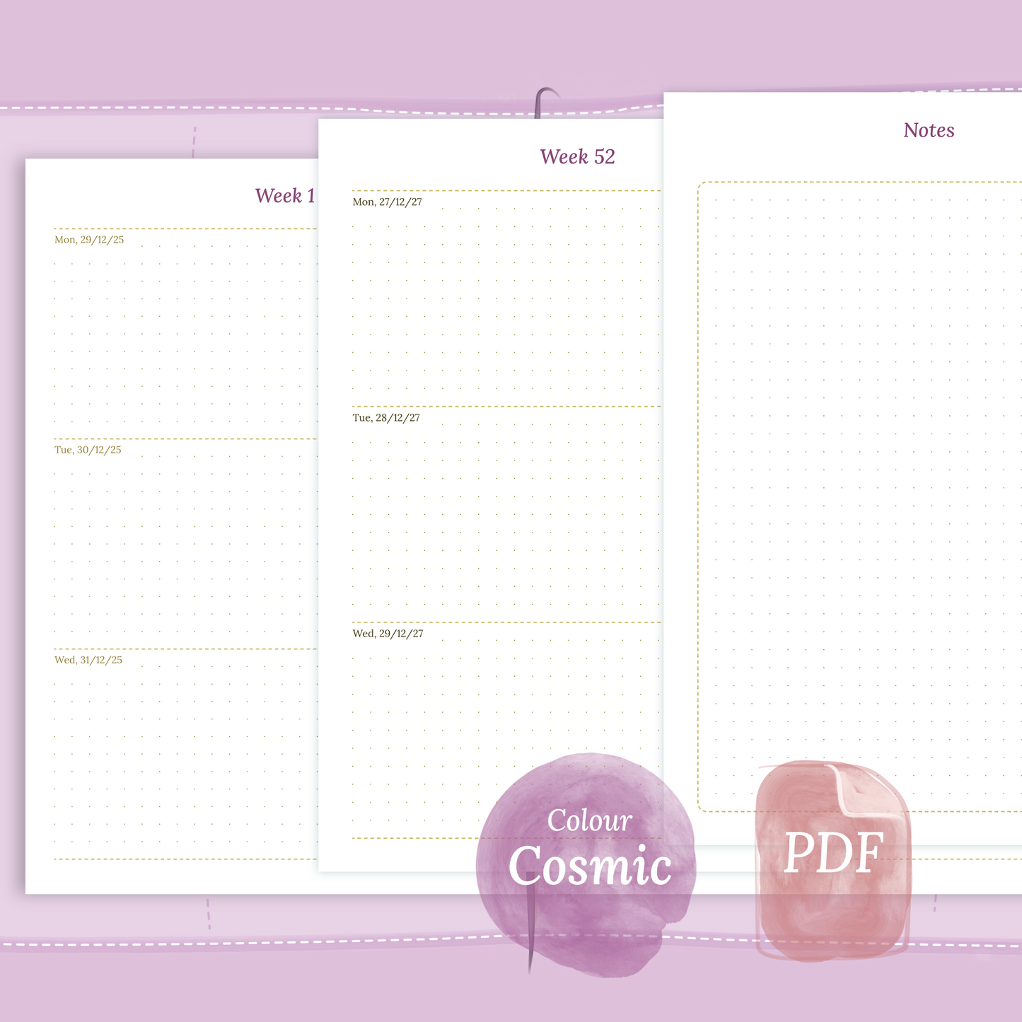 Examples featuring the PDF printable planner inserts module of W2P week on 2 pages for 2026 and 2027 in the colour Cosmic/Raspberry.