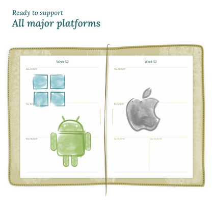 Open planner calendar insert with Windows, Android and Apple logos on a white background to show what operating systems are supported by our PDF printables.