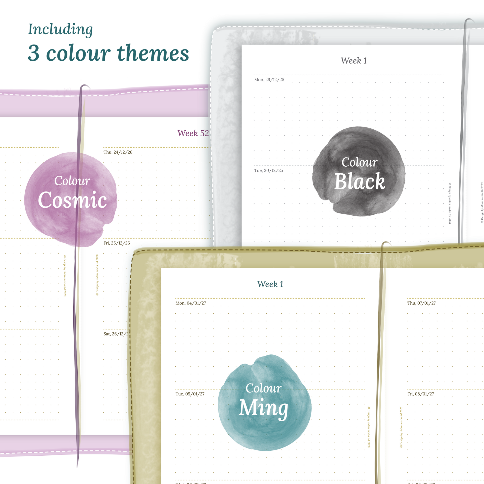 Three colour variants of the calendar designs of the PDF printable inserts with colour themes 'Cosmic', 'Black', and 'Ming' displayed to show how they look like on this module W2P week on 2 pages.