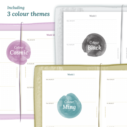 Three colour variants of the calendar designs of the PDF printable inserts with colour themes 'Cosmic', 'Black', and 'Ming' displayed to show how they look like on this module W2P week on 2 pages.