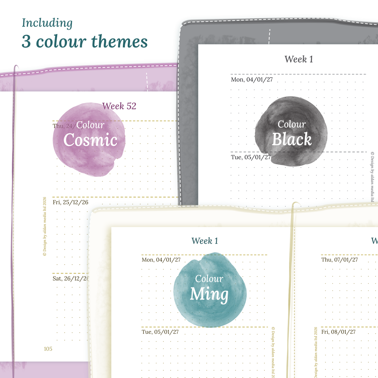 Three colour variants of the calendar designs of the PDF printable inserts with colour themes 'Cosmic/Raspberry', 'Black', and 'Ming/Blue' displayed to show how they look like on this module W2P week on 2 pages for Passport size Traveler's Notebook planner.