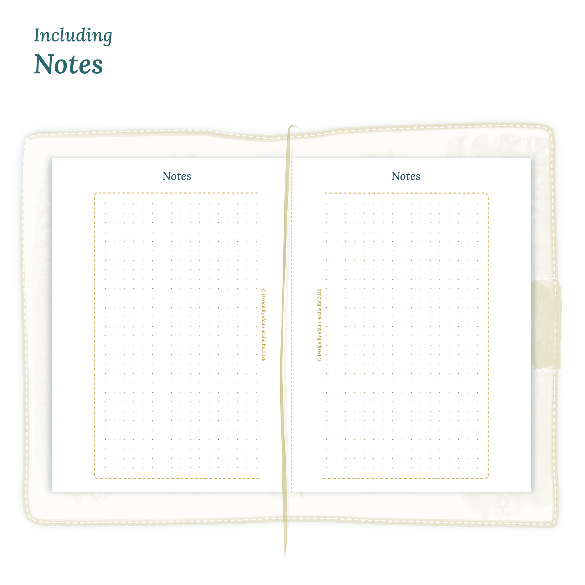 Open planner showing details of the PDF printable planner inserts module Notes for 2027 for Passport size Traveler's Notebook planner.