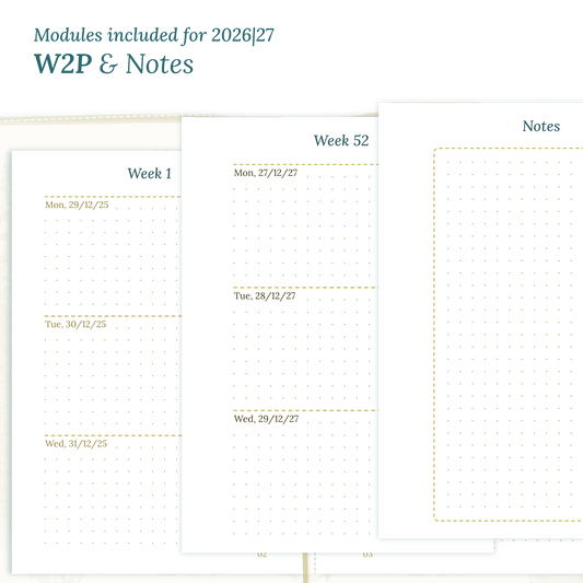 Calendar PDF printable inserts module for the years 2026 and 2027 featuring W2P week on 2 pages and a Notes module magnified.