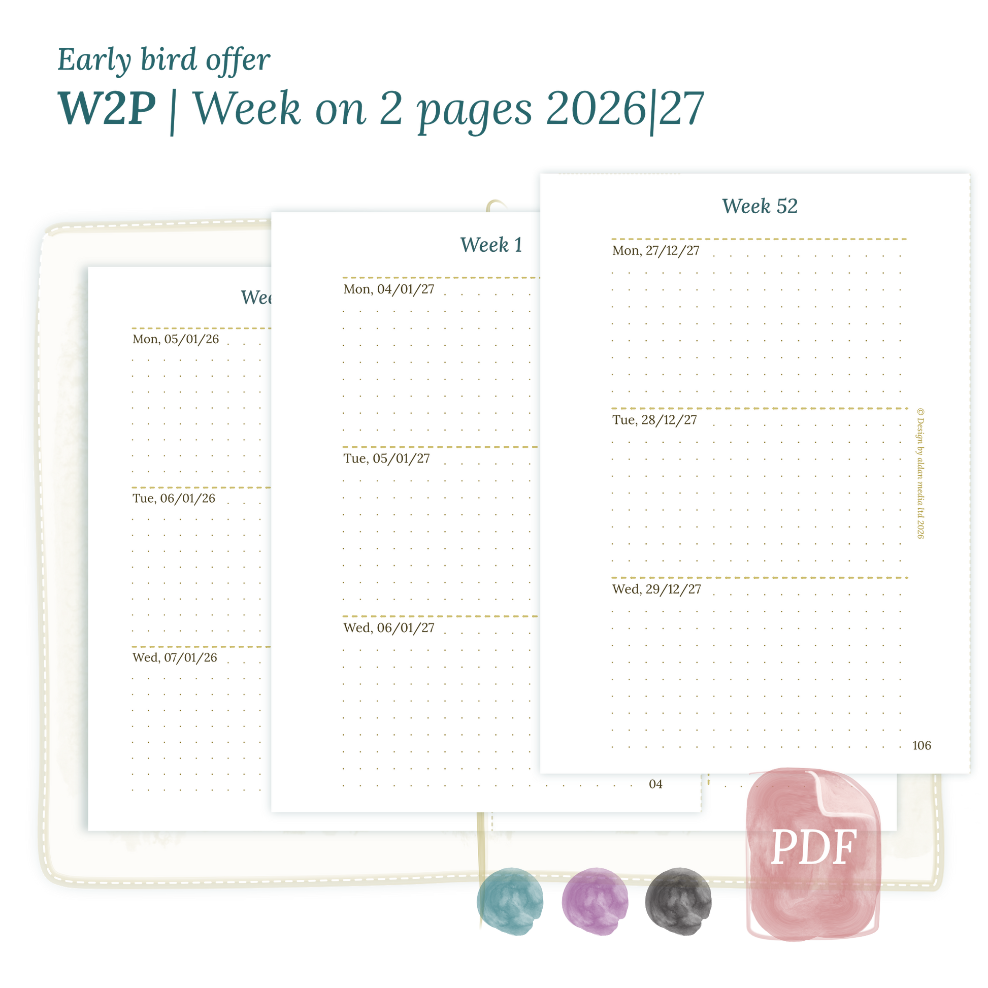 Calendar printable PDF W2P week on 2 pages module for 2026 and 2027 for Passport size Traveler's Notebook planner.