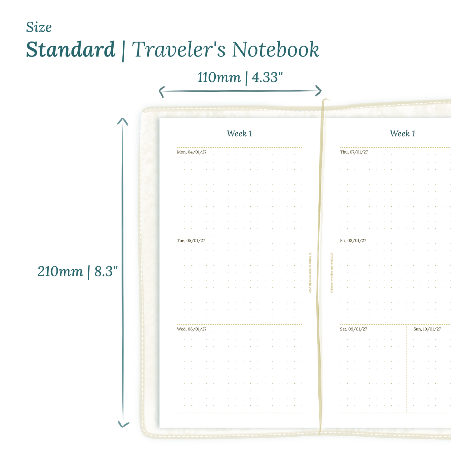 Calendar planner PDF printable insert with dimensions labeled on a white background to show the size supported which is Standard size for Traveler's Notebook.
