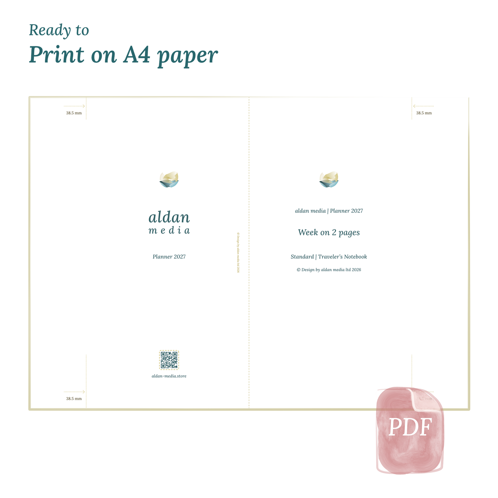 Printable PDF calendar planner with title design on A4 paper that illustrates that our products are ready to print for Standard size Traveler's Notebook planner.