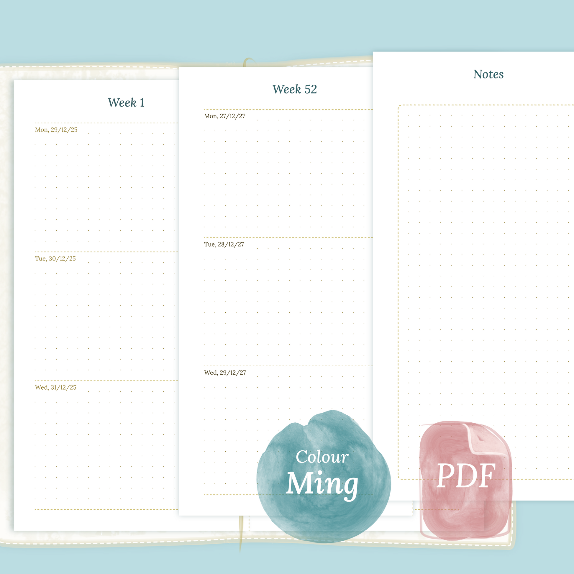 Examples featuring the PDF printable planner inserts module of W2P week on 2 pages for 2026 and 2027 in the colour Ming/Blue for Standard size Traveler's Notebook planner.