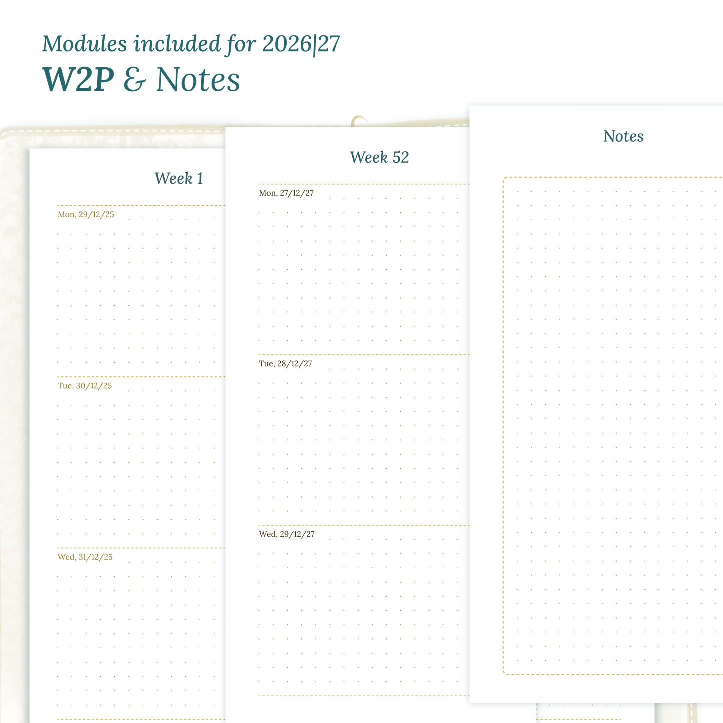 Calendar PDF printable inserts module for the years 2026 and 2027 featuring W2P week on 2 pages and a Notes module magnified.