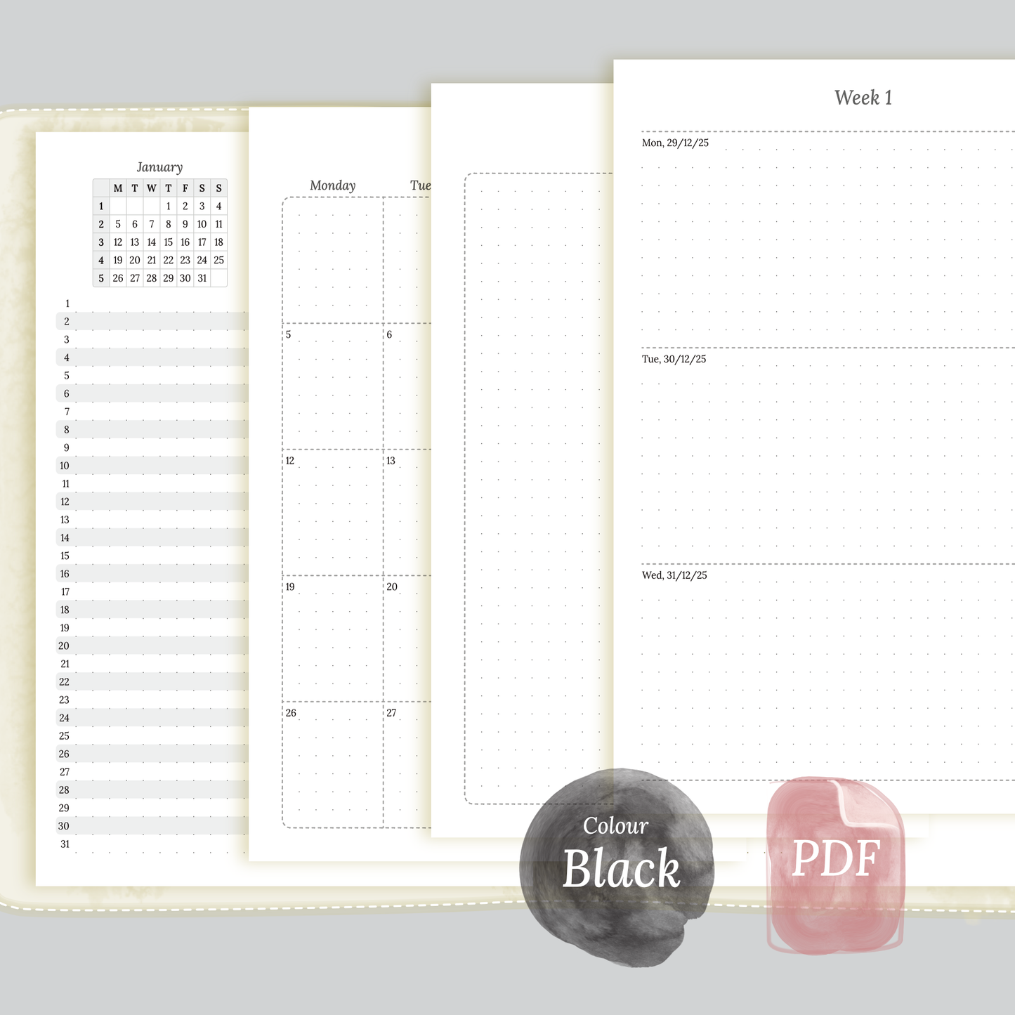 A5 | Bundle L | Year at a glance, future log, month on 2 pages & week on 2 pages