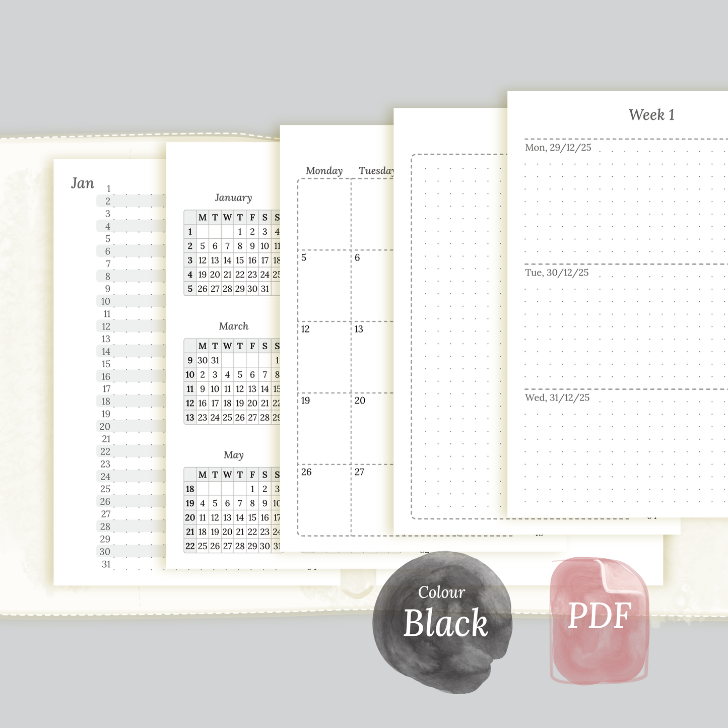 Pocket | Bundle L | Year at a glance, future log, month on 2 pages & week on 2 pages