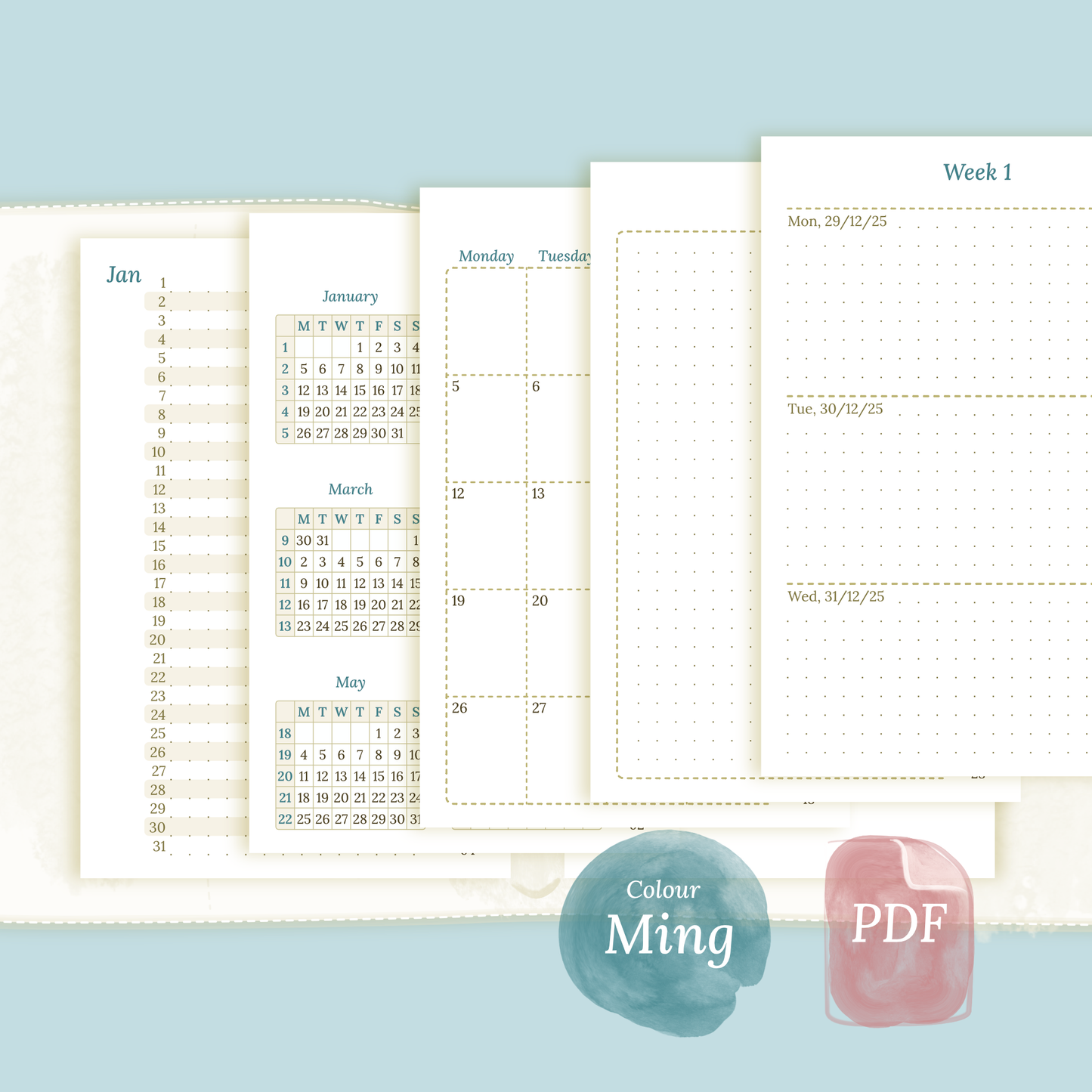 Pocket | Bundle L | Year at a glance, future log, month on 2 pages & week on 2 pages