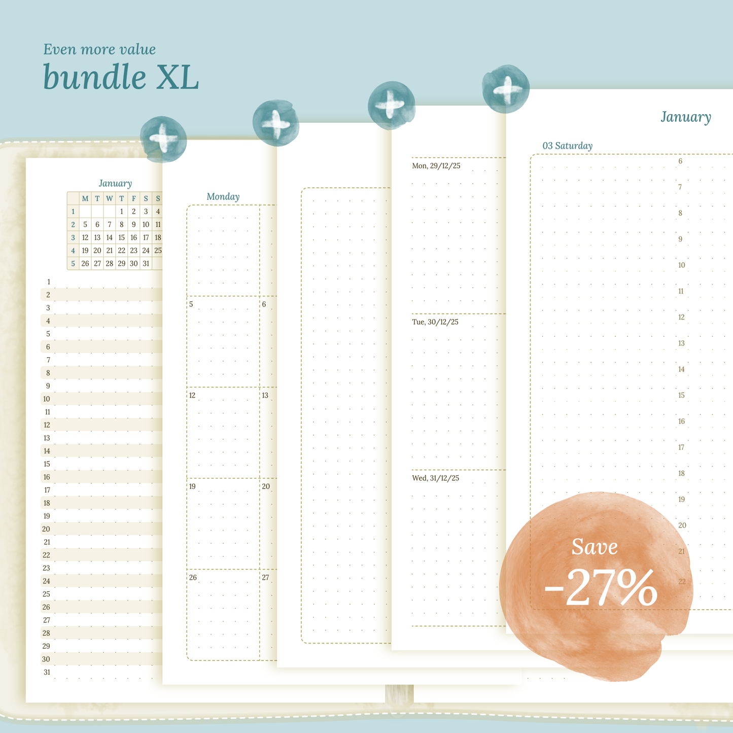 A5 | Bundle XL | Year at a glance, future log, month on 2 pages, week on 2 pages & daily
